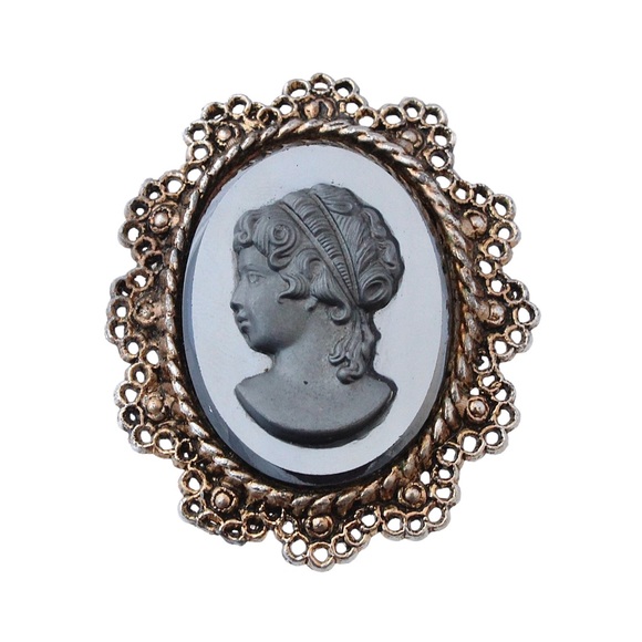 Vintage Hematite Glass Cameo Brooch / Pendant Left Facing Woman Bronze Tone - Picture 1 of 4